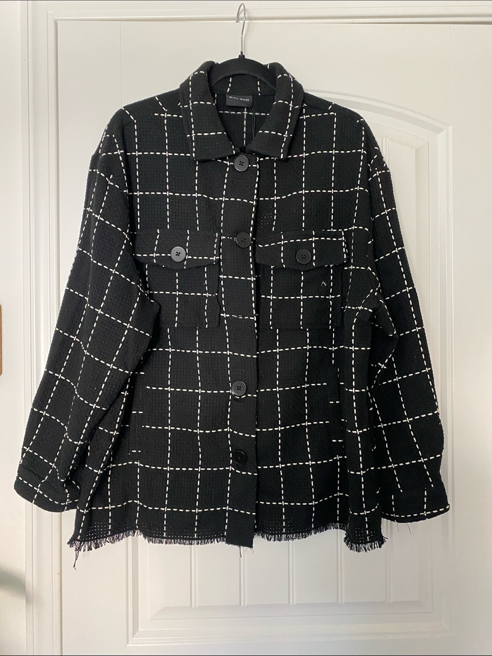 Miou Muse Black Windowpane Button-Front Jacket with Fringe Hem